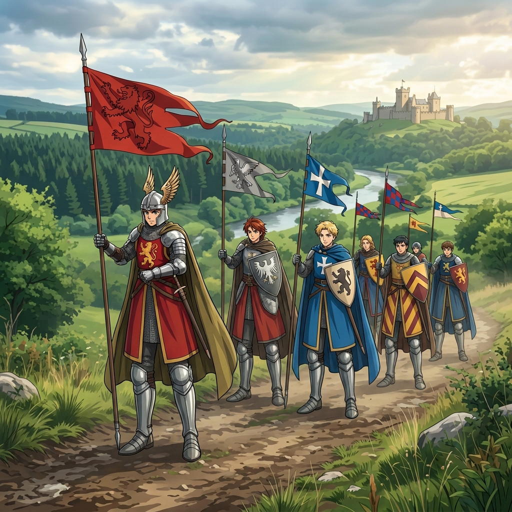 fachada colegio hidalgo Armored knights on horseback carrying various medieval banners along a forested river valley path