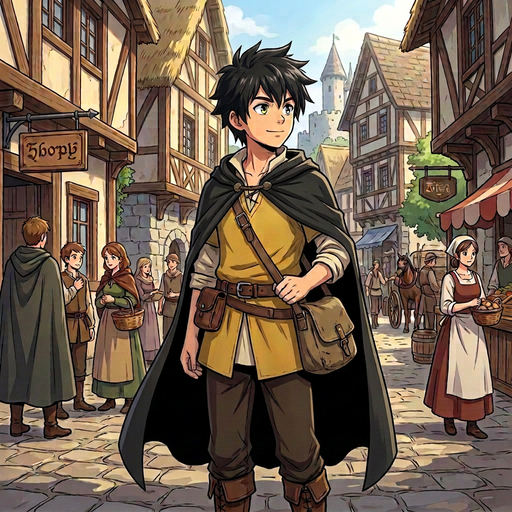 Medieval village market scene Young man with satchel and dagger walking in medieval village market street with shops and villagers.