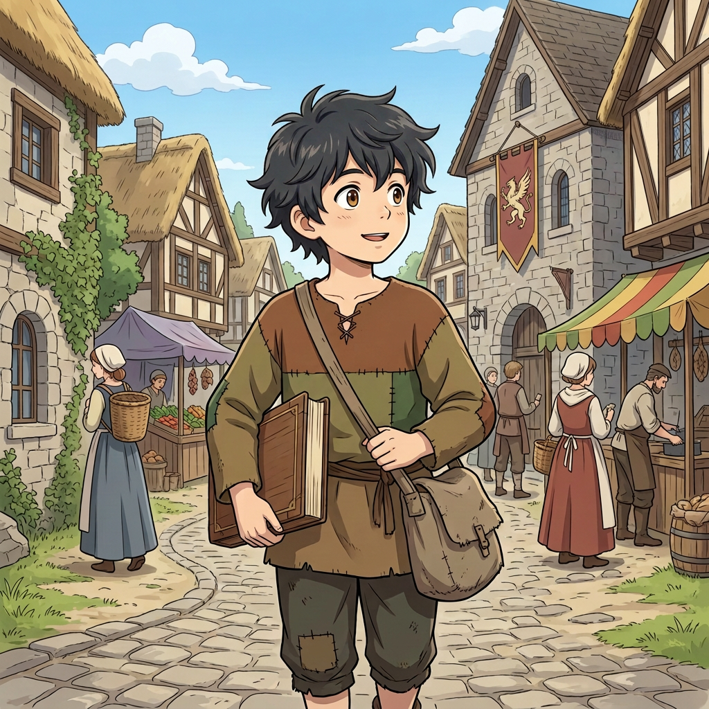 Medieval village market scene with boy Boy holding a book walking on cobblestone street in medieval village market