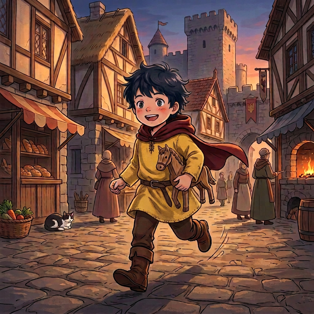 Medieval village boy with wooden horse Boy in medieval clothing running on cobblestone street with wooden horse toy